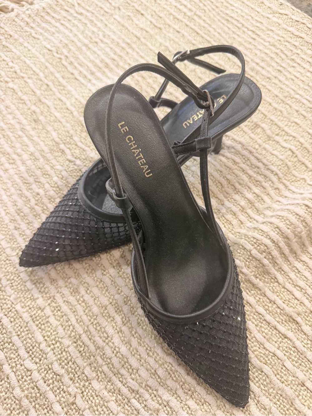 le chateau Black Beaded Pointed Slingback Heels